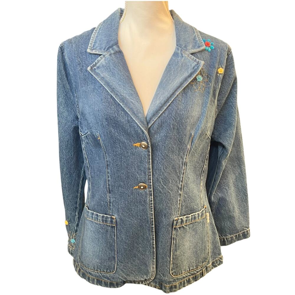 Oilily Denim Jacket Womens Medium Blue Beaded Floral Blazer Style EUC